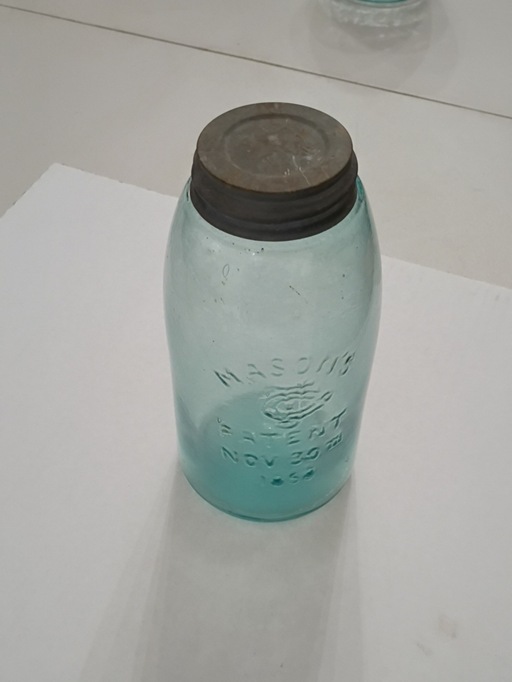 Mason Aqua Blue Glass Jar Embossed Front with Metal Lid